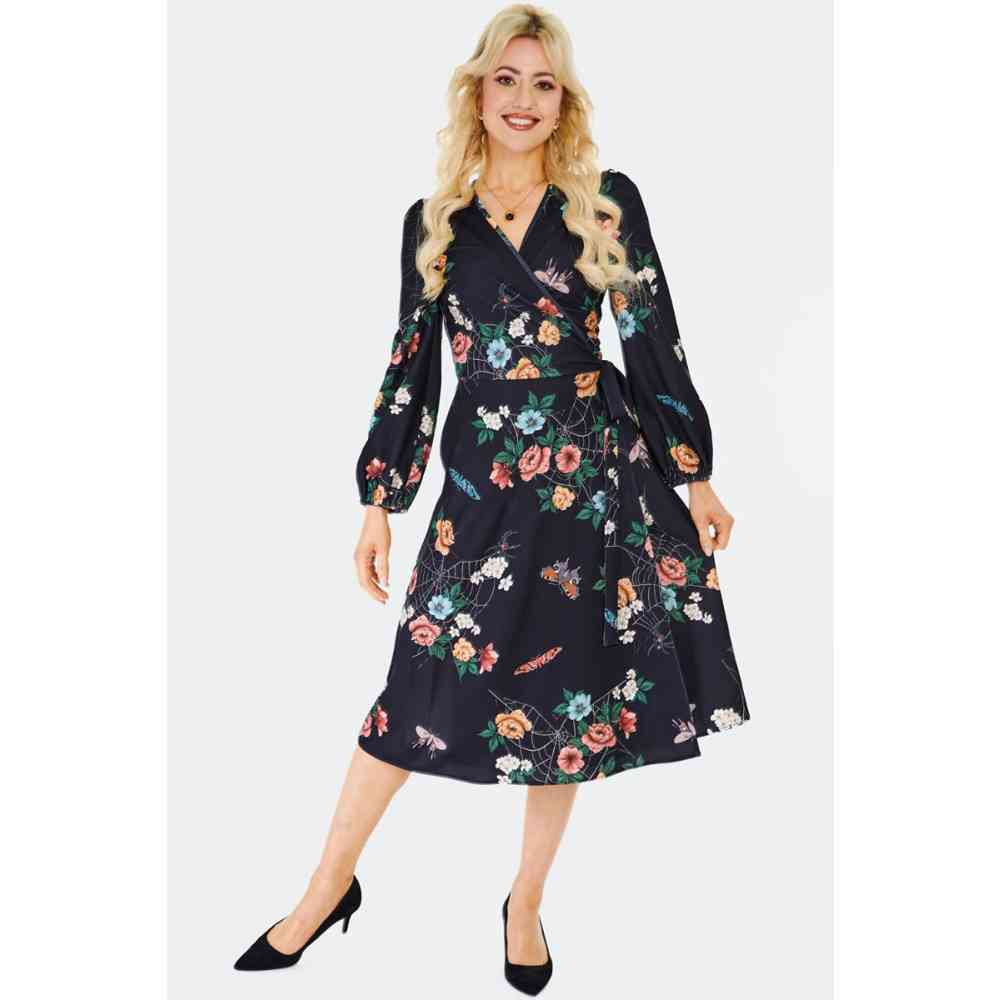 Voodoo Vixen - Floral Moth Web Midi Wrap Wikkeljurk - Zwart